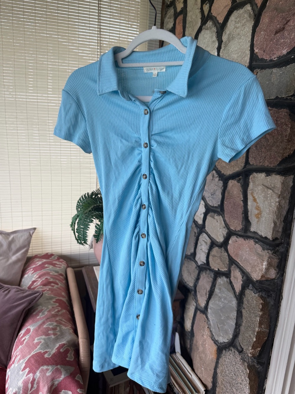 Light Blue Ribbed Button-Front Polo Dress - Picture 2 of 2